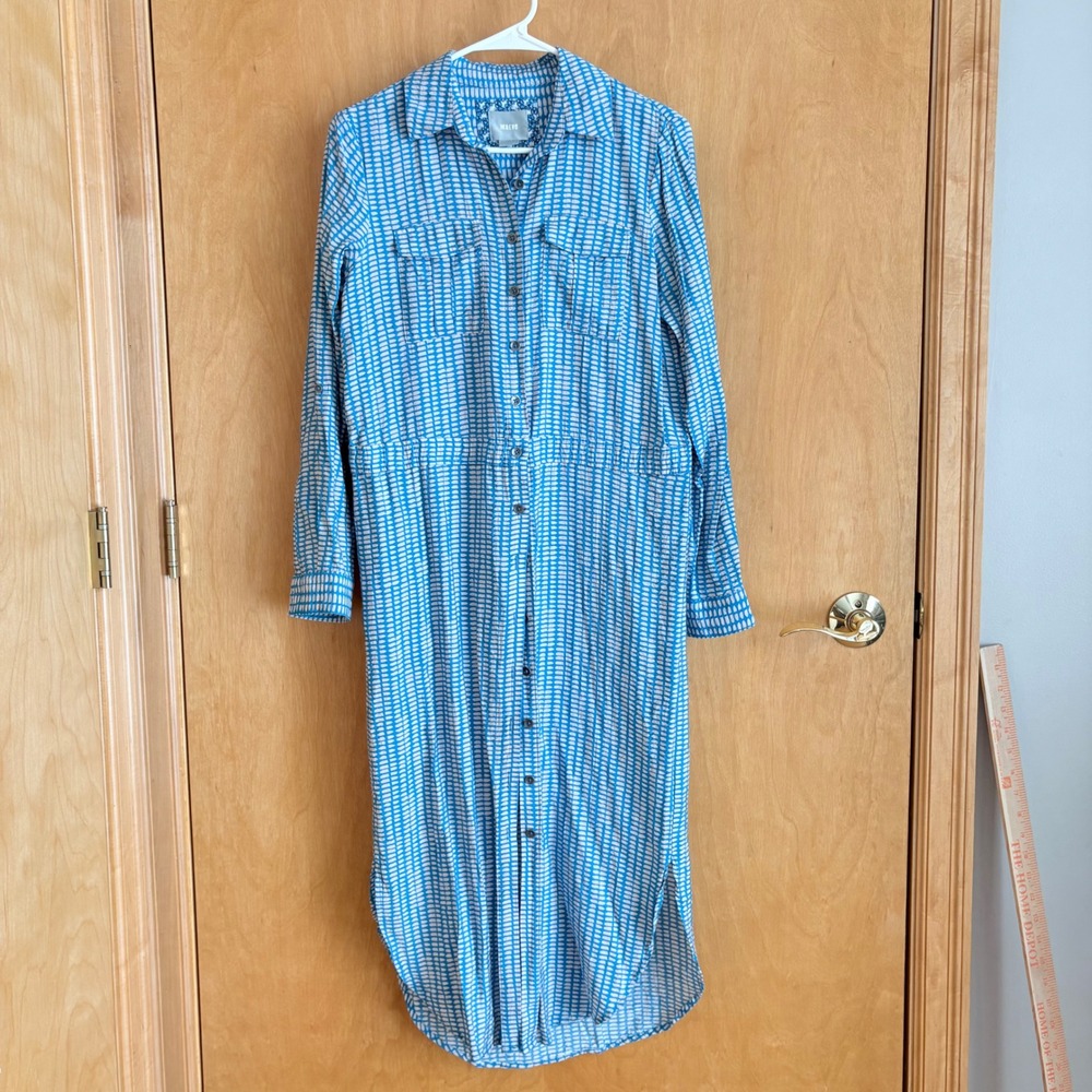 Maeve Anthropologie Blue White Geometric‎ Button Down Midi Shirt Dress Size 0